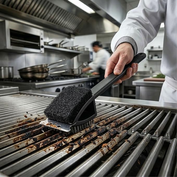Restaurantware Met Lux 15-Inch Grill Brush 1 Durable Grill Cleaning Tool - Scraper Scouring Pad Matte Black Plastic Grill Accessory For All Types Of Grills
