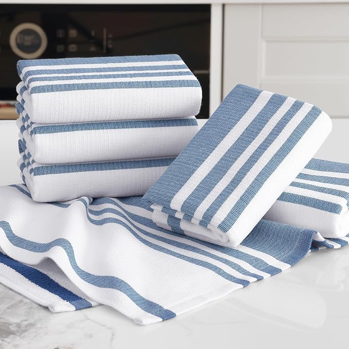 Homaxy Premium Kitchen Towels 18”x 28”, Large Cotton 380 GSM Kitchen Hand Towels, Stripe and Terry Dish Towel, Highly Absorbent Tea Towel Set with Hanging Loop, 3 Pack, Navy Blue