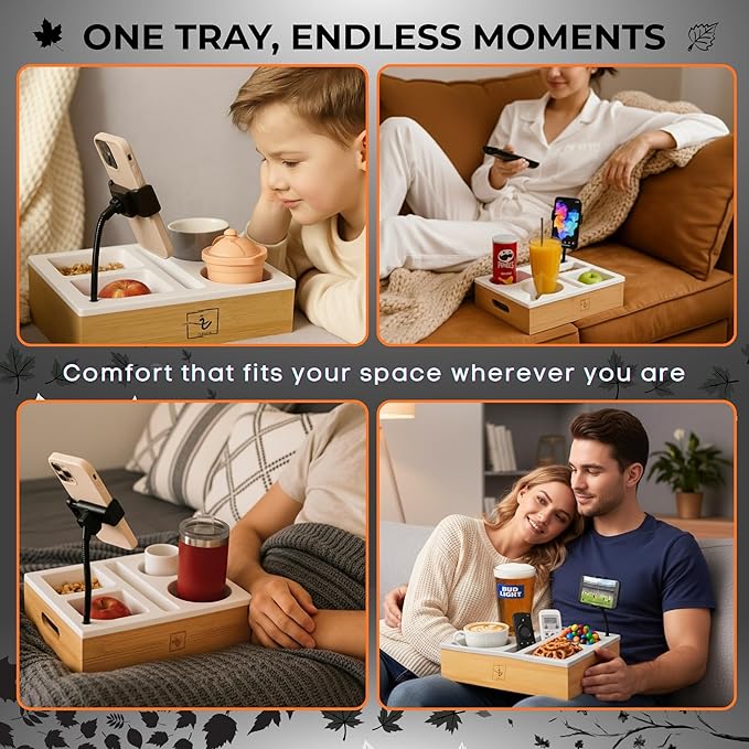 Couch Caddy with Cup Holder | Wood Couch Cup Holder Tray for Drinks, Snacks & Remotes | Couch Tray for Bed, Car Seat & Beach Organizer (White)