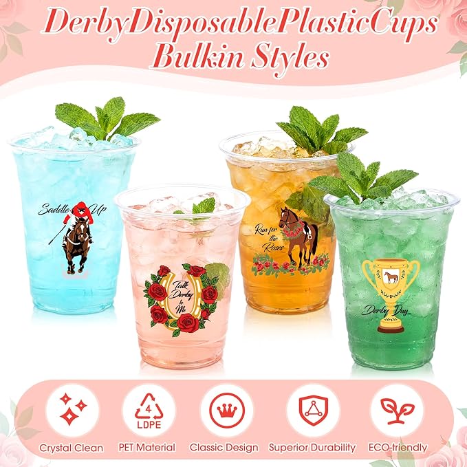 Willinglong 100 Pcs Plastic Derby Cups Bulk 16 oz Horse Racing Party Clear Thick Reusable Tumbler Cups Derby Party Supplies for Decoration Cocktails Beer Events, 4 Style
