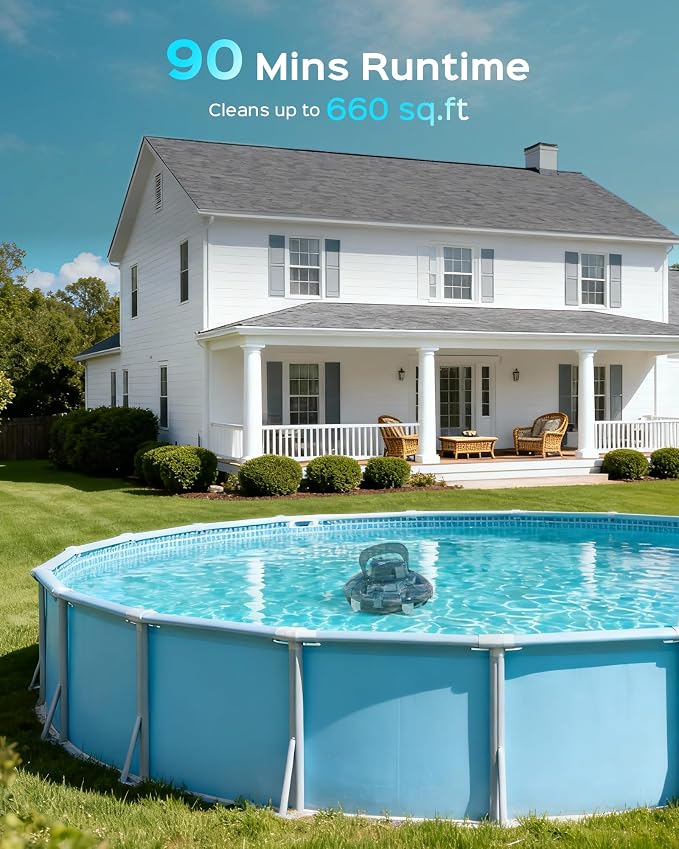(2026 Upgrade) Cordless Pool Vacuum for Above Ground Pool, Automatic Pool Cleaner Robot Cleaning Up to 660 sq.ft, Dual-Layer Filtration, 90 Mins Runtime, Self-Parking, with Hook (Obsidian Black)