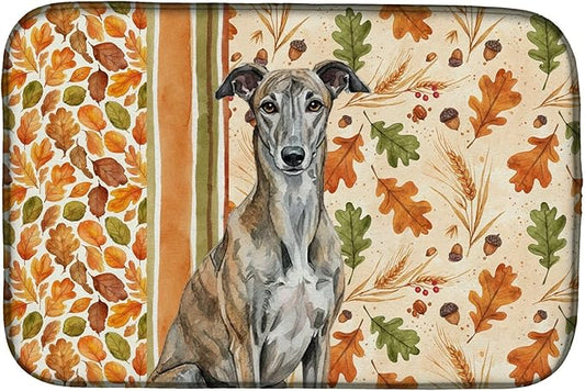 Caroline's Treasures Brindle Greyhound Heirloom Fall Dish Drying Mat Absorbent Dish Drying Mat Pad for Kitchen Counter Dish Drainer Mat for Countertop, 14 x 21", Multicolor
