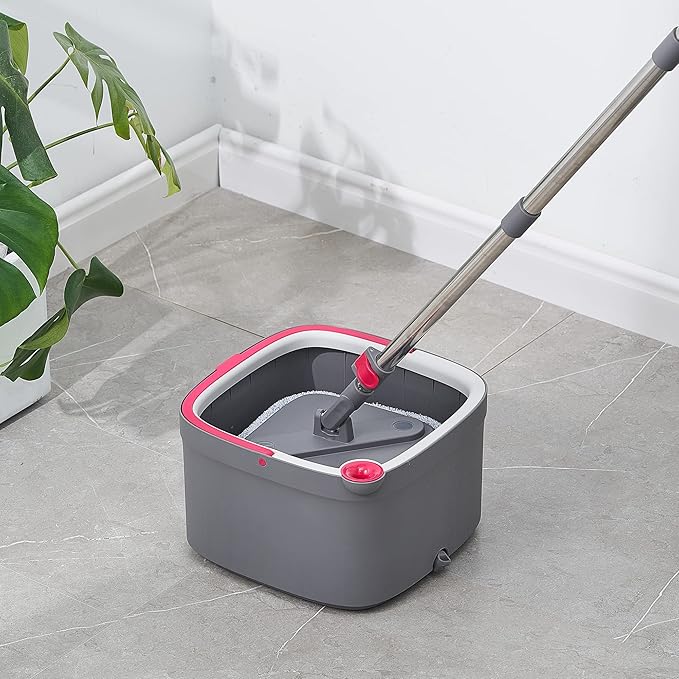 Spin Mop and Bucket with Separate Compartments for Clean and Dirty Water NEW 2025 Upgraded w/Side Brush, Self Standing Handle, Silicone Sweeper Mop Head, 2 Machine Washable Microfiber Pads