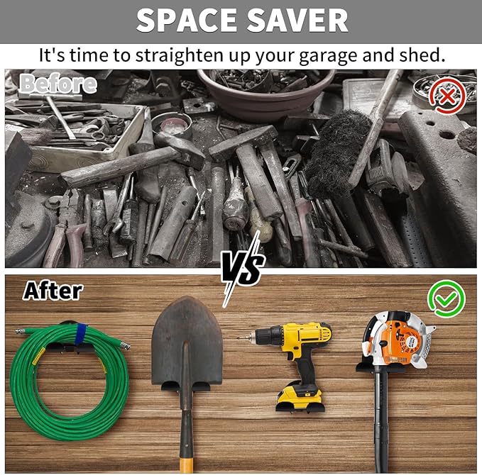 Upgraded Trimmer Rack Wall Mount - 8" Heavy Duty Weed Eater Hanger for Garage Wall, Garden Power Tool Holder Organizer Hooks for Grass Trimmer, Hedge Trimmer, Leaf Blower and Chainsaw, Black, 3 Pack