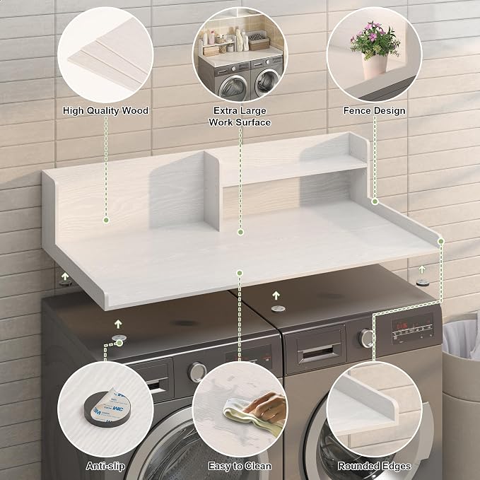 Washer Dryer Countertop - 2-Tier Wood 54" x 27.5" Laundry Topper with Safety Guard & Non-Slip Pads, Over the Washer Dryer Folding Shelf for Maximum Space Saving (White)