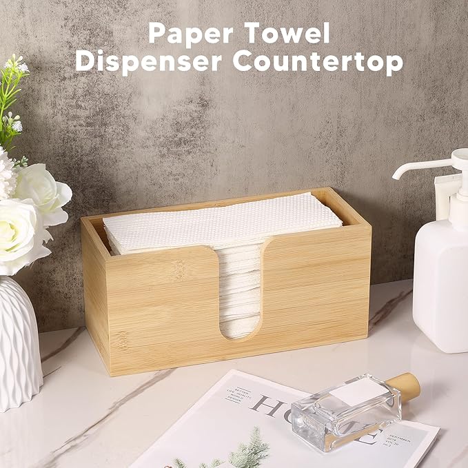 2Pack Bamboo Countertop Paper Towel Dispenser, Folded Paper Towel Dispenser Clear Trifold Napkin Holder, Suitable for Z-fold, C-fold or MultiFold Trifold Paper Towels for Bathroom Toilet and Kitchen