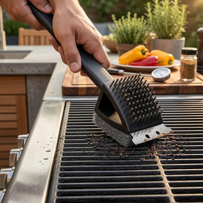 Restaurantware Met Lux 15-Inch Grill Brush 1 Durable Grill Cleaning Tool - Scraper Scouring Pad Matte Black Plastic Grill Accessory For All Types Of Grills