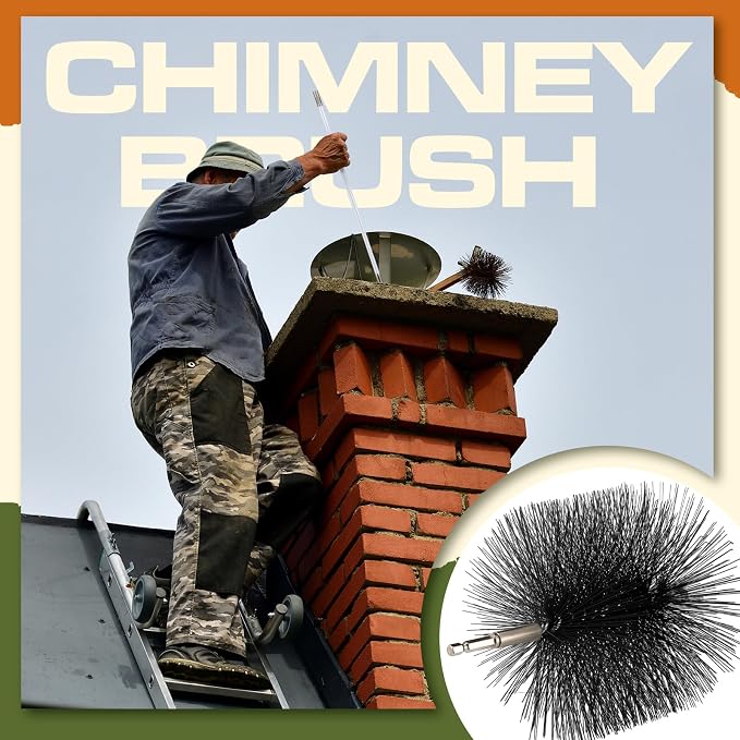 Teenyyou Wire Chimney Cleaning Brush with 1/4 Npt Fitting and 12 Rods, 6 Inch Round Steel Chimney Cleaning Brush and 16 Inch Fiberglass Rods for Hearth Fireplace(All-in-one)