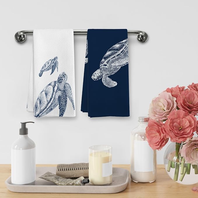 Coastal Turtle Beach Decor Dish Hand Tea Towels for Bathroom Kitchen, Sea Turtle Ocean Nautical Beachy Bathroom Decor Gifts, Coastal Nautical Kitchen Towels and Dishcloths Sets of 2, 16x24in
