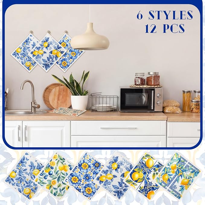 Mifoci 12 Pcs Capri Lemon Swedish Kitchen Dishcloths 7 x 8 Inch Reusable Capri Lemon Dish Towels Absorbent Cotton Cleaning Cloths for Kitchen Cleaning Wipes Housewarming