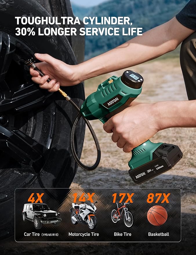 AstroAI C2 Cordless Tire Inflator Air Compressor 20V Rechargeable Battery Powered 160PSI Portable Air Pump with 12V Car Power Adapter Digital Pressure Gauge for Cars Motorcycles Green