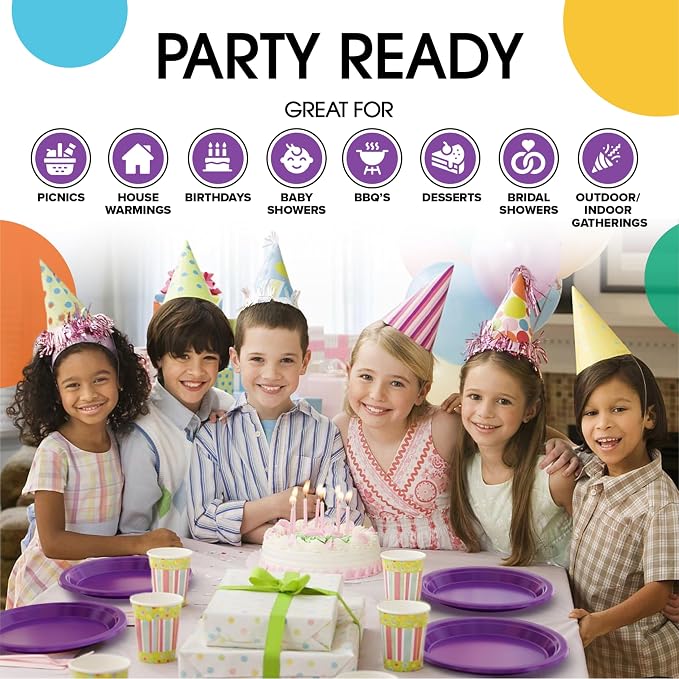 Exquisite Party Solids Purple Plastic Plates For Party Supplies 7" Purple Disposable Plates Heavy Duty 50 Pcs Plastic Dinnerware Sets Heavy Duty 350 GSM Disposable Dinnerware Set