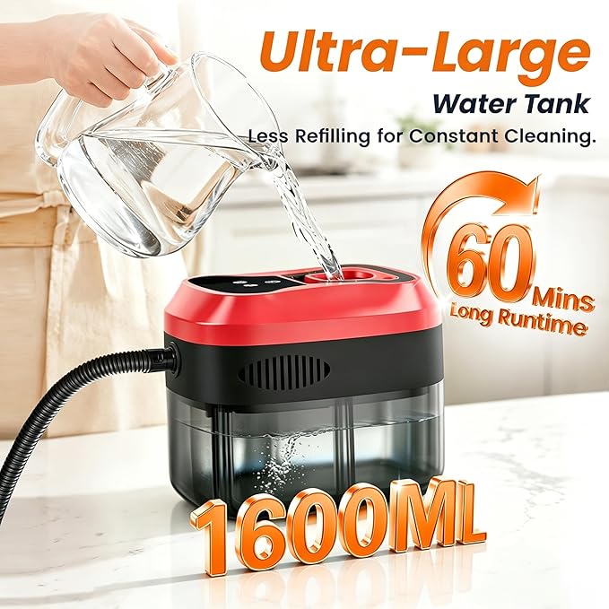 Handheld Steam Cleaner, 6-Level Adjustable Handle, 15s Heat-Up, 1800W High-Pressure Steamer for Cleaning with 1.6L Large Tank, Portable Steam Cleaner for Home, Car, Grout, Couch, Floor (Red)