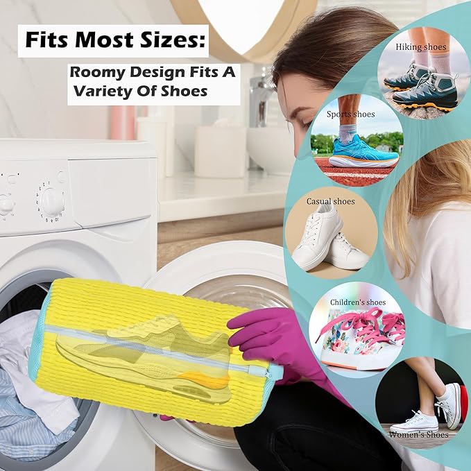 Shoe Washing Machine Bag, Laundry Shoe Bag for Washer and Dryer, Reusable Shoe Cleaning Bag for Sneaker Tennis Shoes Unstain Cleaner Kit (10-PCS Complete Set for Easy Washing & Drying) Yellow