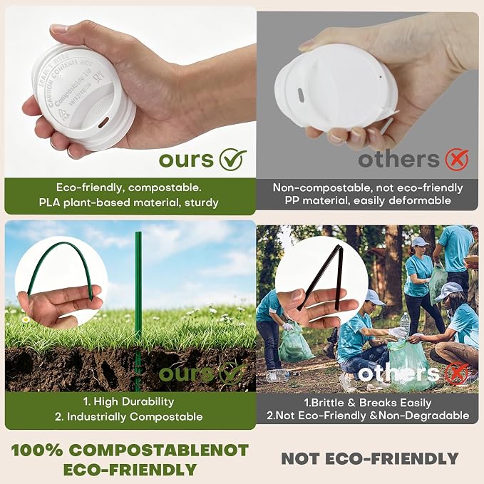 Plant-Based Compostable Cups Set – PLA Lined Disposable Coffee Cups with Lids, Straws & Sleeves, Eco-Friendly for Hot & Cold Drinks, Party, Travel, Office (16 oz 100 Count)