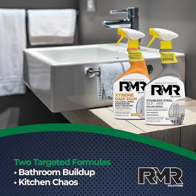 RMR Buildup Breakdown Bundle – Xtreme Soap Scum Remover + Stainless Steel Cleaner Polish, 2-Step Bathroom & Kitchen Cleaning Kit for Shower, Tub, Tile, Glass & Stainless Appliances, 2–32 Oz Bottles