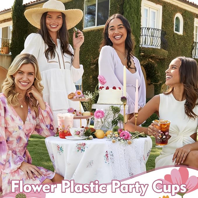 100Pcs Flower Plastic Party Cups, 12oz Flower Disposable Clear Cups for Spring Parties, Picnics, Holiday Gatherings, Floral Theme Birthday Party Drinking Supplies