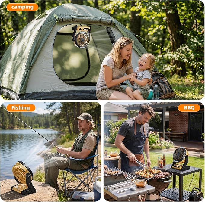 Antarctic Star Portable Camping Fan for Tent, 10000mAh Battery Operated Fan with Night Light, Stepless Speed USB Desk Fan, Quiet Personal Portable Fan with 8H Timer, Hanging Hook for Outdoor, Yellow
