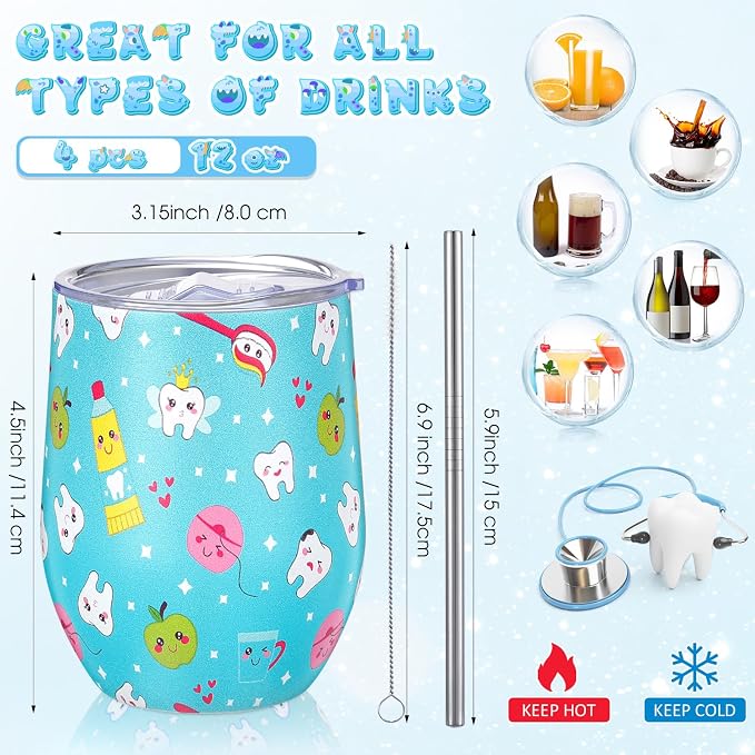 Umigy 4 Pcs Dental Assistant Gifts, Teeth Dentist Wine Tumbler, 12 oz Stainless Steel Coffee Travel Mug, Vacuum Insulated Tumbler Cup with Straw Lid and Brush Dental Hygienist CNA Week Birthday Gifts