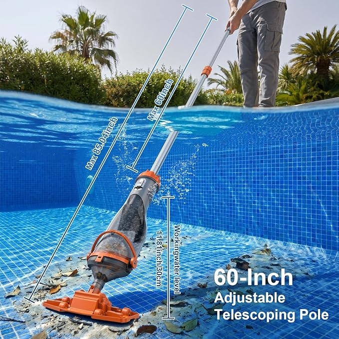 COWSAR Pool Vacuum for Above Ground Pool, VortexForce™ Technology 18.5GPM Strong Suction, 60 Min Runtime Cordless Pool Vacuum with 13.4" Wide Head & 59” Telescopic Pole for Pools/Spas/Hot Tubs, Orange