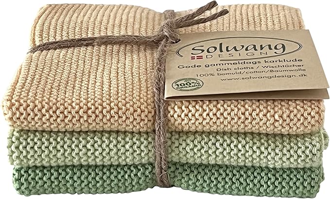 Solwang 3-Piece Danish Cotton Dishcloths in 100% Certified Organic Cotton Made in India (Honeymelon Organic Combi)