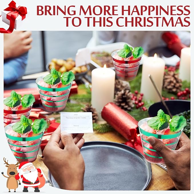 Gejoy 9 oz 100pcs Christmas Rimmed Stripe Plastic Cups Bulk Disposable Wine Hard Plastic Drinking Cocktail Cups Tumblers for Wedding Gathering Party Supplies(Red and Green)