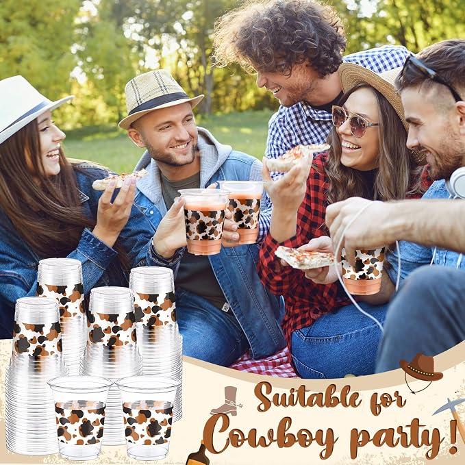 Jingmore 100 Pcs Cow Theme Plastic Cups 12 oz Highland Cow Western Cowboy Disposable Clear Plastic Drinking Cups Bulk for Highland Farm Animal Themed Birthday Baby Shower Party Decorations Supplies