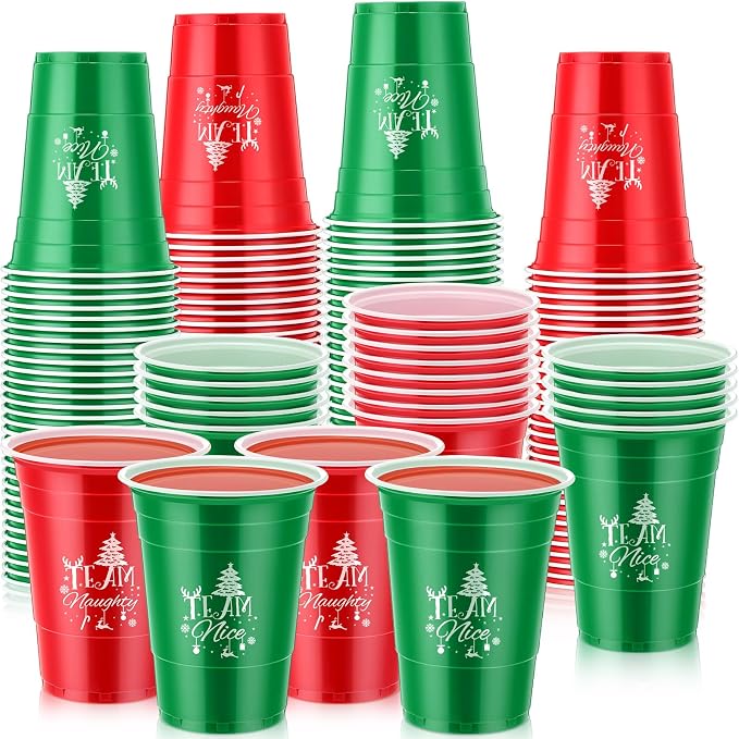 Sliner 100 Pcs 16 oz Christmas Disposable Cups Bulk Plastic Coffee Team Naughty or Nice Plastic Disposable Drinking Cups for Party Drinks Supplies