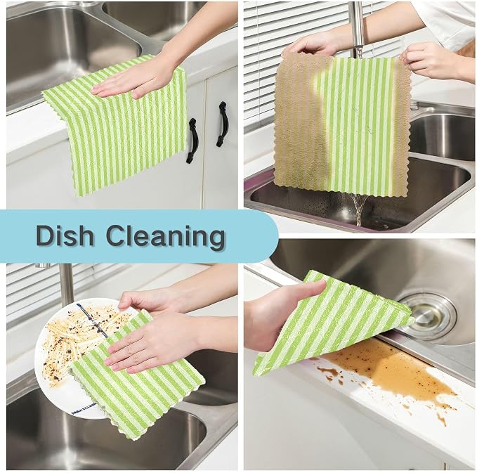 Green Stripes Kitchen Towels Dish Cloths Set of 6 Microfiber Cleaning Cloths for Cars Super Absorbent Machine