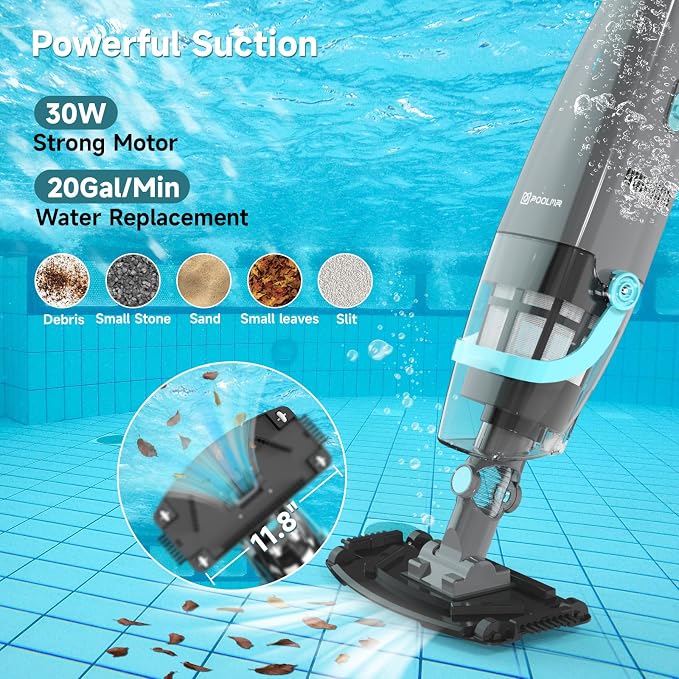 Cordless Handheld Pool Vacuum for Above & Inground Pools, with 20 Gal/Min Suction, 60 Min Runtime, Dual-Phase Cleaning System,65in Telescopic Pole, for Spas & Hot Tubs, Jet Black(New Version)
