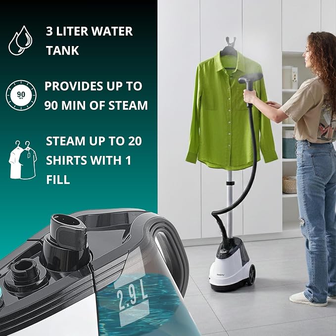 True & Tidy® Pro Smart Auto-Off Heavy-Duty Commercial Full Size Garment Steamer for Clothes with 3 Steam Settings, Extra Large 2.9L (98 oz) Water Tank, 1800 watts, 90+min of Steam
