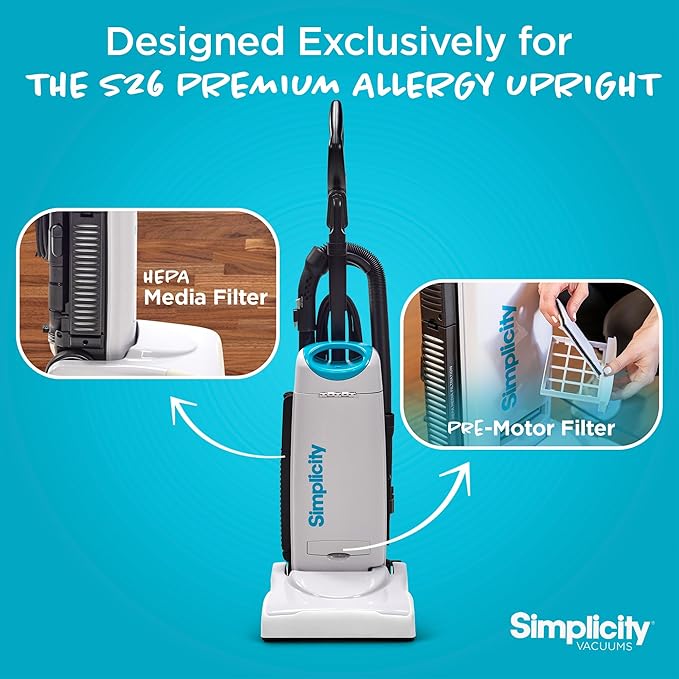 "Simplicity Vacuums Certfied HEPA Vacuum Cleaner Bags & Filter Media Set for (S26HC-6) S26 Premium Allergy Upright Vacuum, Charcoal-Infused Lining, 5-Layer Cloth Filtration, Self-Sealing, Pack of 6 "