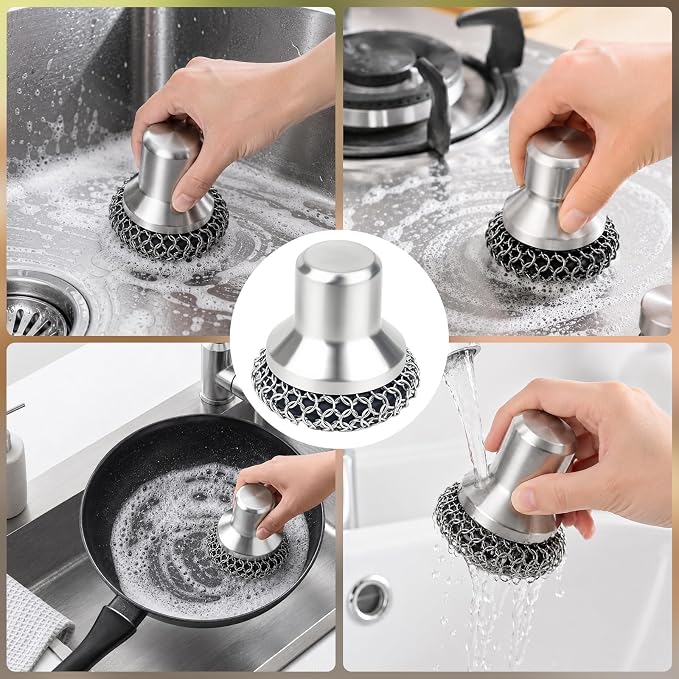 Cast Iron Scrubber and Scraper, 316 Chain Mail Scrubber for Cleaning Dishes, Stock Pots,Black, 1 Count ((Large Chain Mail,2pcs))