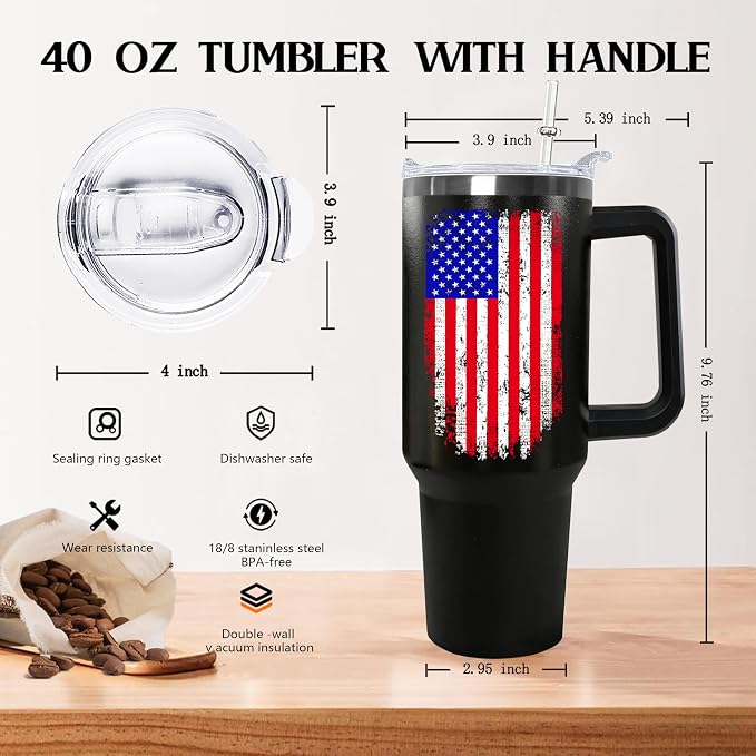 Ceovfoi American Flag Tumbler with Handle,40 oz Dad Vacuum Insulated Stainless Steel Travel Tumblers,Patriotic Military Gifts For Veterans, Police, Fathers Day, 4th of July