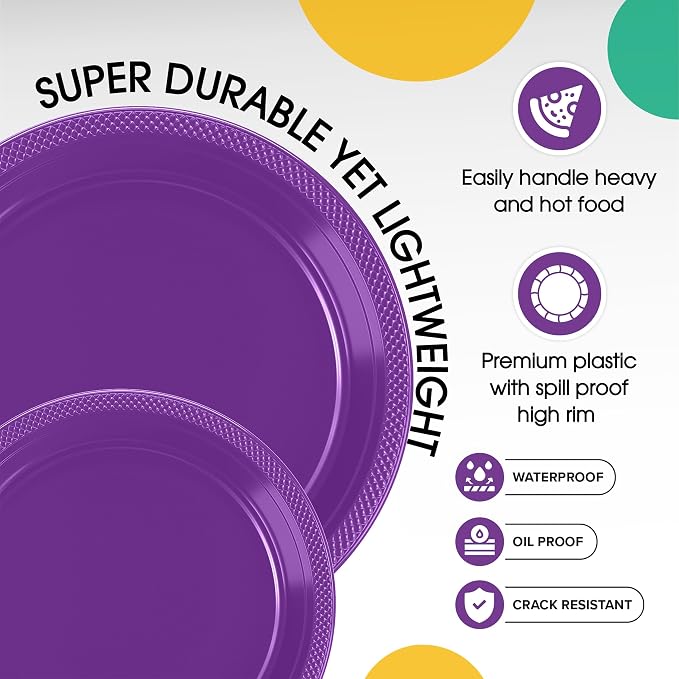 Exquisite Party Solids Purple Plastic Plates For Party Supplies, Purple Disposable Plates 100 Pieces - 50-7" & 50-9" Heavy Duty 350 GSM Disposable Dinnerware Sets, Plastic Dinnerware Sets