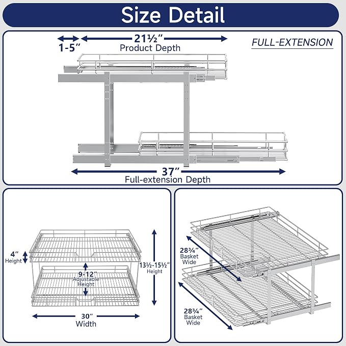 2-Tier Pull Out Cabinet Organizer, 30" W x 21.5" D, Heavy Duty Dual Slide Out Shelves for Wide Base Cabinets, Chrome Wire Basket Drawer for Pots, Pans, Pantry & Cleaning Supplies