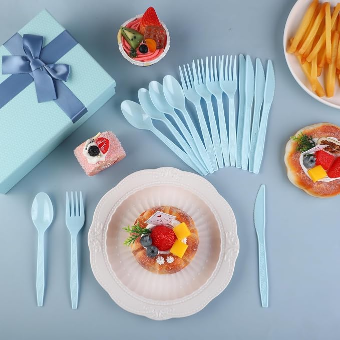Kochorie 90 Pieces Light Blue Plastic Cutlery Set Disposable Plastic Utensils Heavy Duty Flatware Set Includes 30 Knives 30 Forks 30 Spoons for Wedding Birthday Baby Shower Party Supplies