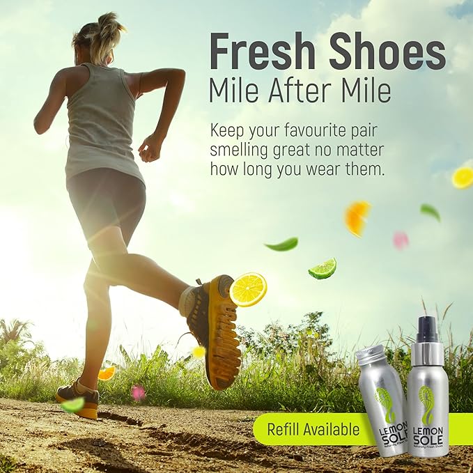 NATURAL SHOE FRESHENER & DEODORISER, Freshening Shoe Spray with 6 Powerful Essential Oils for Long-Term Odour Control, Designed for Sports, Fresh Lemon Scent.