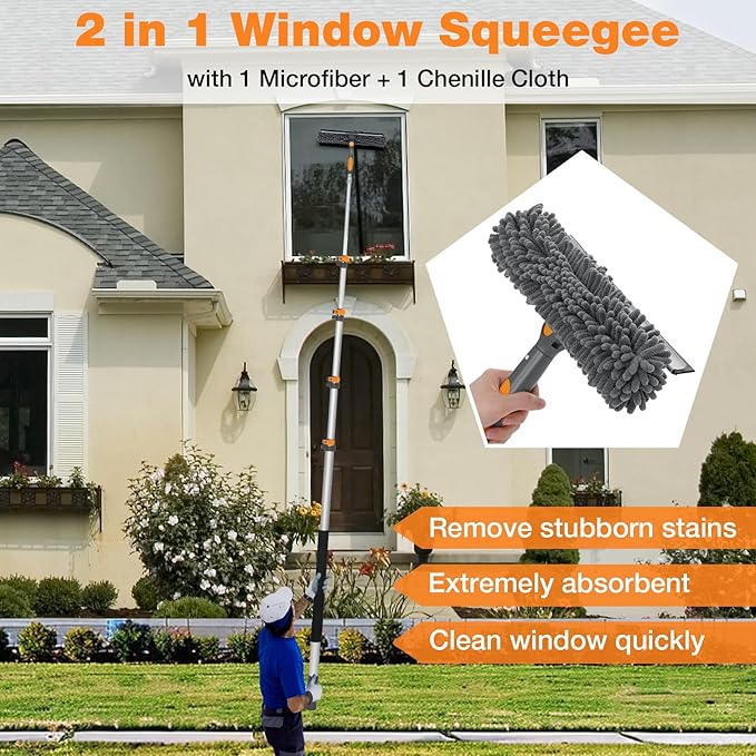 20FT Reach Window Squeegee with 5-13 FT Extension Poles, Extra-Large 14" Window Squeegee Window Cleaning Kit with Telescopic Pole,Window Cleaner Tool with Adjustable Head, for High Window, Glass, RV