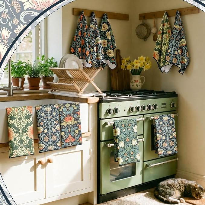 Tegeme 4 Pcs William Morris Floral Kitchen Dishcloth Retro Vintage Flowers Dish Towel 18 x 26 Inch Reusable Absorbent Towel Microfiber Decor for Bathroom Baking Cooking Cleaning Holiday Party Supplies