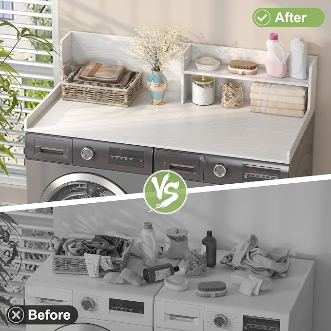 Washer Dryer Countertop - 2-Tier Wood 54" x 27.5" Laundry Topper with Safety Guard & Non-Slip Pads, Over the Washer Dryer Folding Shelf for Maximum Space Saving (White)