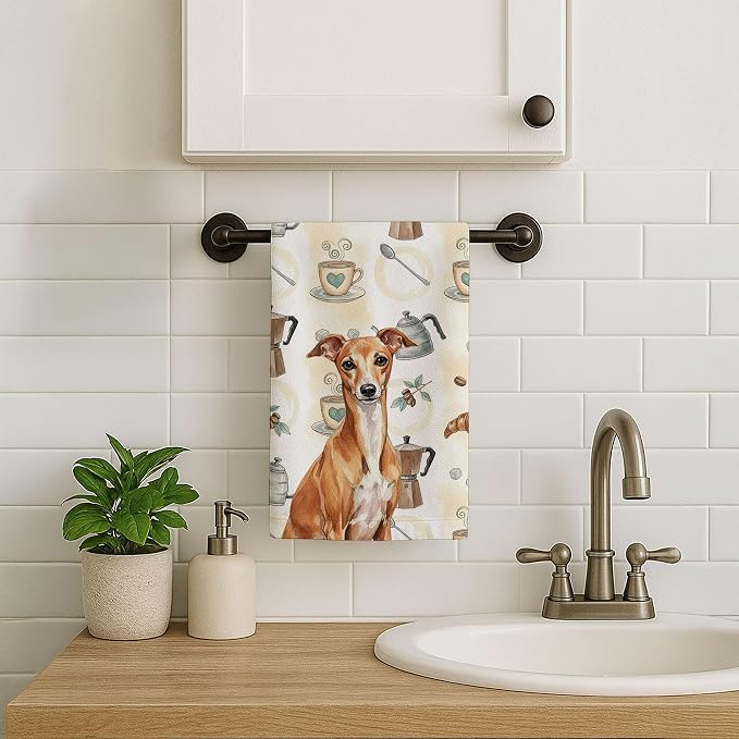 Caroline's Treasures Red Italian Greyhound Coffee Bar Kitchen Towel Velour Plush Front and Cotton Loop Back Machine Washable