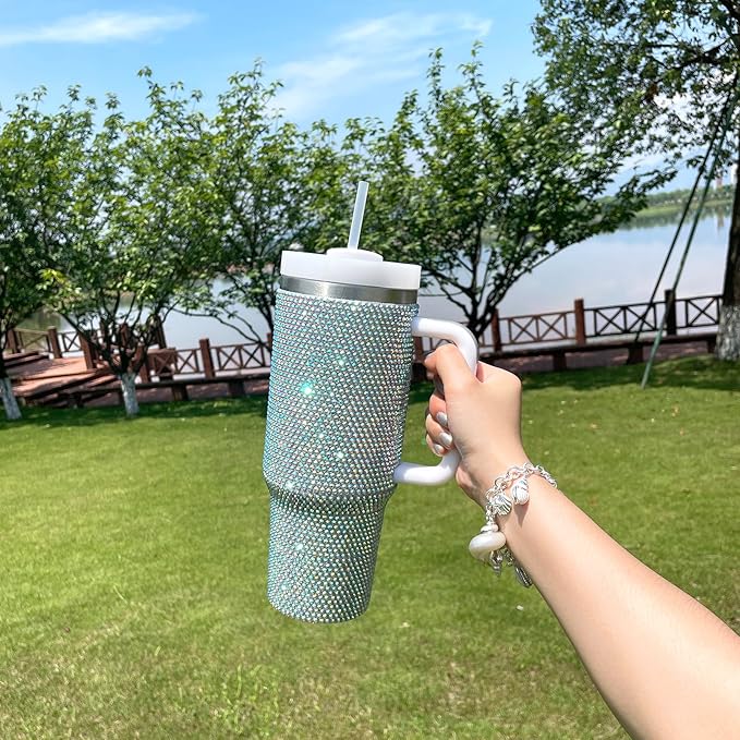 40oz Bling Tumbler with Handle and Straw Lid Rhinestone Studded Tumbler Cups Vacuum Insulated Stainless Steel Double Wall Water Bottle Travel Mug Gifts for Women Her (Polar Light)