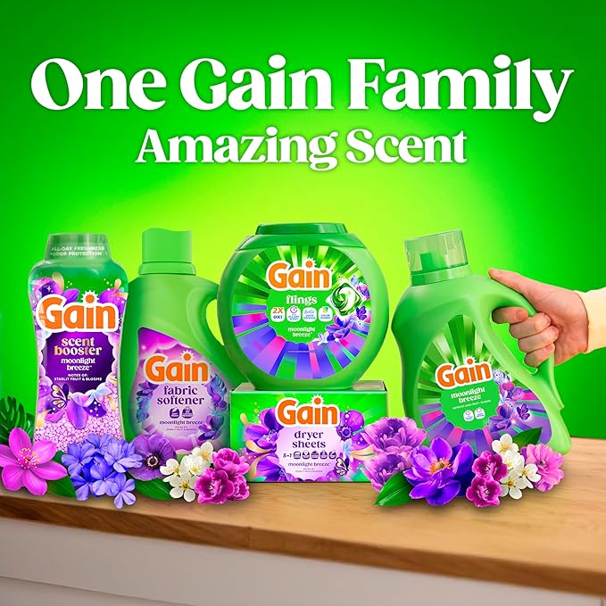 Gain Flings Liquid Washing Detergent Pods with Odor Defense + Color Guard, Moonlight Breeze Scent, 4-in-1 Liquid Laundry Detergent Pacs, Clean & Fresh, 42 Count (Packaging May Vary)