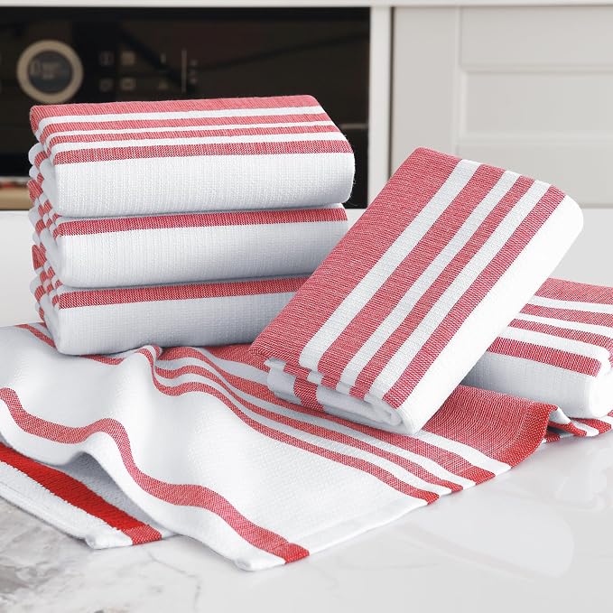 Homaxy Premium Kitchen Towels 18”x 28”, Large Cotton 380 GSM Kitchen Hand Towels, Stripe and Terry Dish Towel, Highly Absorbent Tea Towel Set with Hanging Loop, 3 Pack, Red