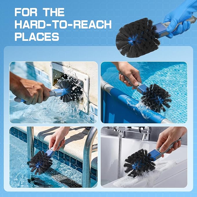 UIRWAY 3-in-1 Deluxe Swimming Pool Cleaning Kit - Includes Pool Brush Head with Detachable Side Round Ends, Small Corner Fence Brush and Gloves for Inground & Above Ground Pools Wall Cleaning(No Pole)
