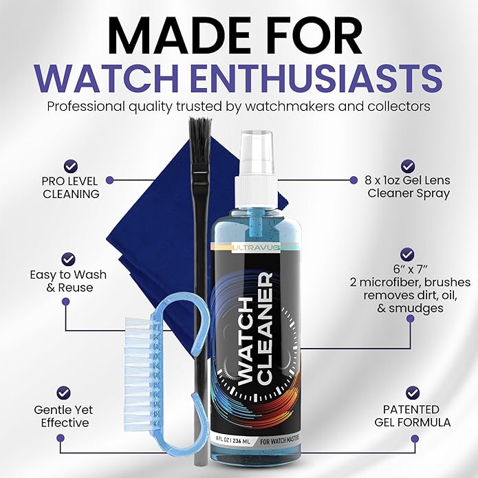 Watch Cleaning Kit - Cleans All Watches and Jewelry Including Metals, Crystals and Rubber - 1 x 2oz and 1 x 8oz Watch Cleaner Gel Spray, 3 x Microfiber Cloth, 2 x Horsehair Brush