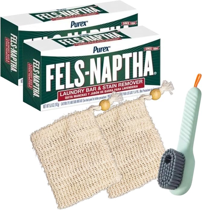 AMSY Stain Remover Bundle - Laundry Brush with Soap Dispenser & 2 Sisal Pouches Bundled with 2 Pack of Fels Naptha Laundry Bars