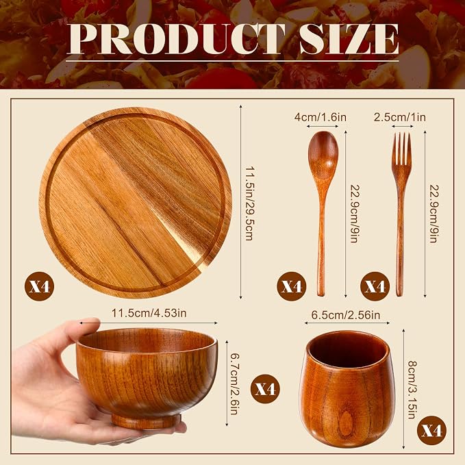 20 Pcs Acacia Wood Dinnerware Set 11.6 Inch Round Wooden Plates Bowls Tea Cups Fork Spoons Acacia Wood Tableware Supplies Easy Cleaning Lightweight for Dishes Snack Dessert, 4 Set