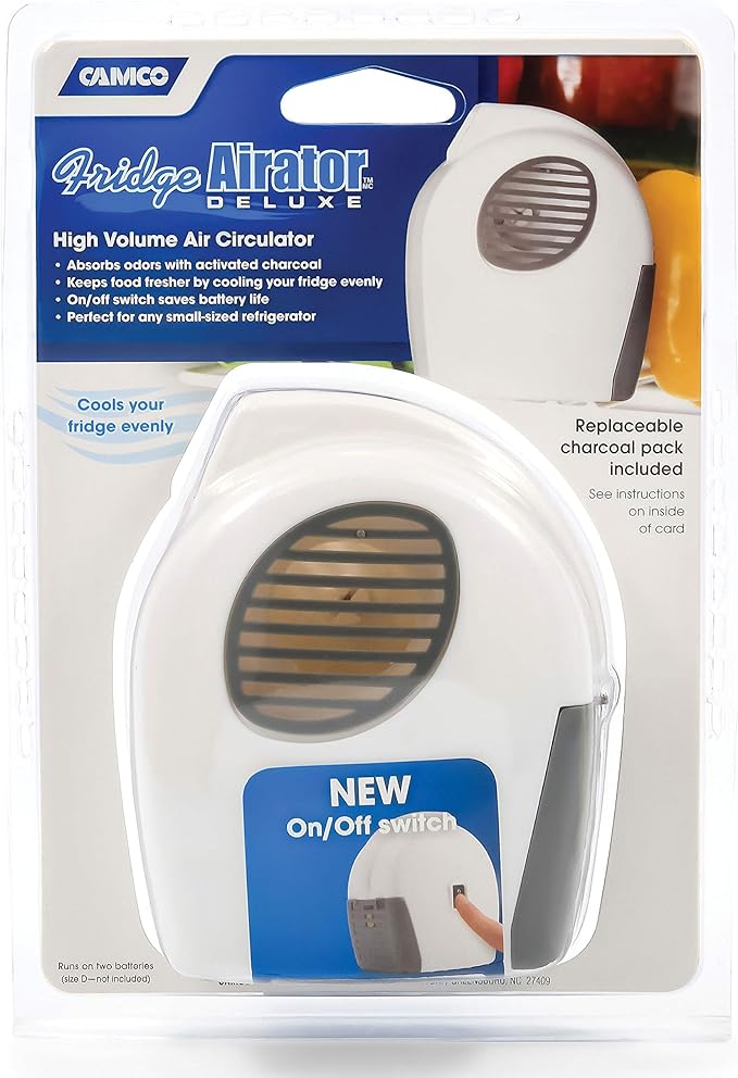 Camco Camper/RV Fridge Deodorizer & Airator | Deodorizer/Fan Helps Circulate Air in Refrigerator | Features Charcoal Odor Absorber & On/Off Switch | Great for Mini Fridge, Small Fridge & More (44124)
